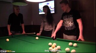 It's not so easy to persuade a sexy girl to get naked in front of total strangers, but me and my friends know how to do that. Today we picked up a pretty college babe who wanted to learn to play billiards and who loved sushi. We told her we know a good restaurant where we could eat sushi and play billiards, so she was too excited to say no. Even when we took her to a sauna instead of a chic restaurant she didn't seem to mind. We only played billiards for a couple of minutes, and then we found much more exciting things to do. It turned out that the girl we picked up didn't mind doing some dirty things for cash, and we paid her about 1,000 bucks for making all of our wild fantasies come true.